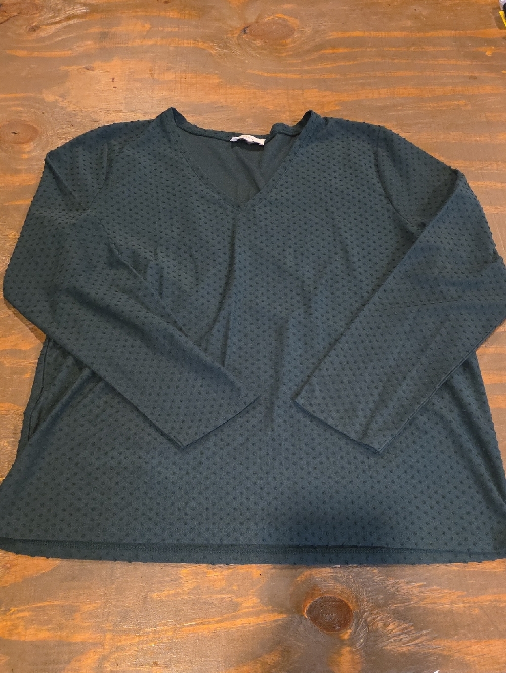 LOFT Dark Teal Dot-Textured V-Neck Long Sleeve Top